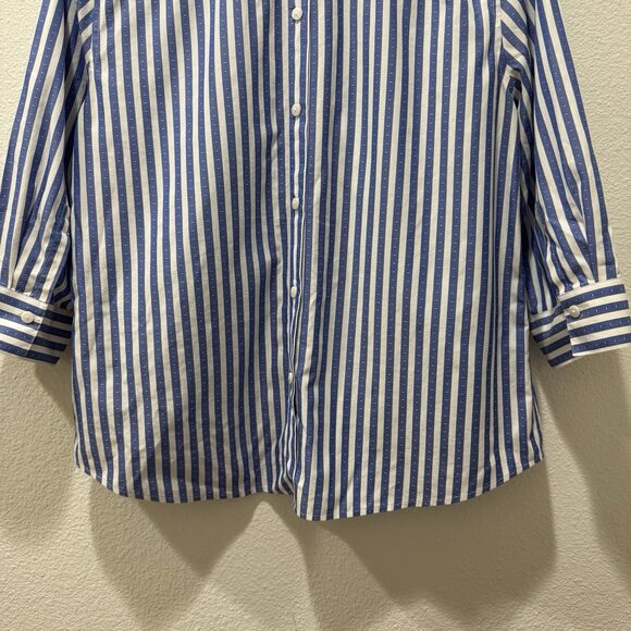 Chicos No Iron Shirt Womens Striped Stretch Blue White 3/4 Sleeve Casual Sz L - Picture 7 of 7